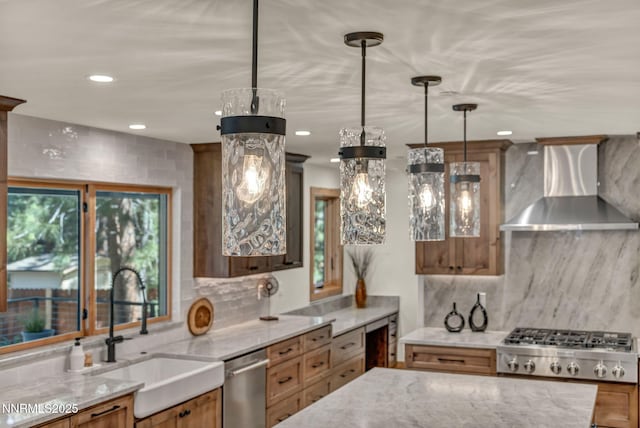 116 Cypress Way, Stateline, NV 89449 - kitchen with wall chimney range hood, appliances with stainless steel finishes, decorative backsplash, decorative light fixtures, and recessed lighting