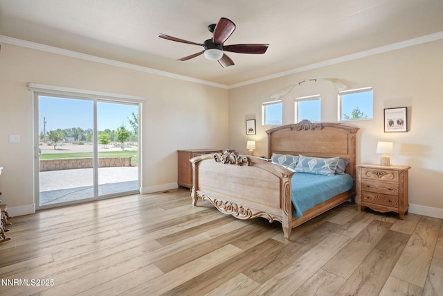 1725 Grandview Pkwy, Minden, NV 89423 - bedroom featuring access to outside, light wood-style flooring, ornamental molding, and a ceiling fan
