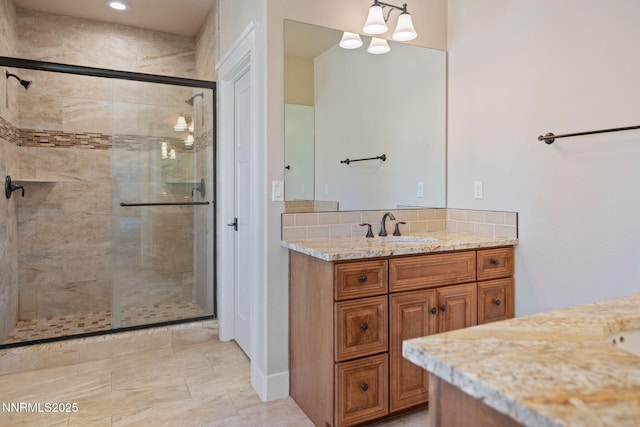 1725 Grandview Pkwy, Minden, NV 89423 - full bath with vanity, a stall shower, decorative backsplash, and recessed lighting