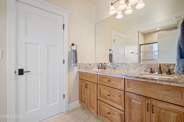 1725 Grandview Pkwy, Minden, NV 89423 - bathroom featuring double vanity, a shower with shower door, and tile patterned floors
