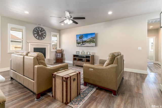 1230 W Cottage Loop, Gardnerville, NV 89460 - living area with a ceiling fan, wood finished floors, a glass covered fireplace, and recessed lighting