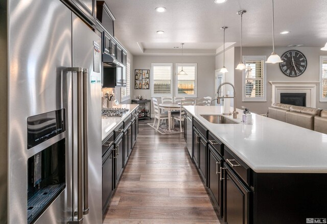 1230 W Cottage Loop, Gardnerville, NV 89460 - kitchen with stainless steel appliances, dark wood-style flooring, recessed lighting, light countertops, and a glass covered fireplace