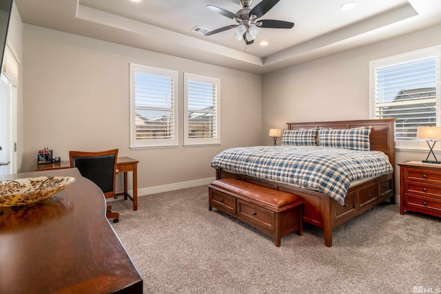 1230 W Cottage Loop, Gardnerville, NV 89460 - bedroom featuring a raised ceiling, light carpet, multiple windows, recessed lighting, and a ceiling fan