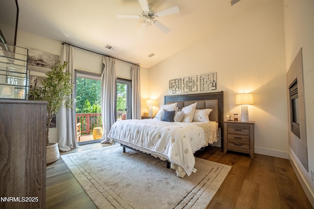 2691 Sutter Butte Ct, Sparks, NV 89436 - bedroom featuring access to outside, wood finished floors, high vaulted ceiling, and a ceiling fan