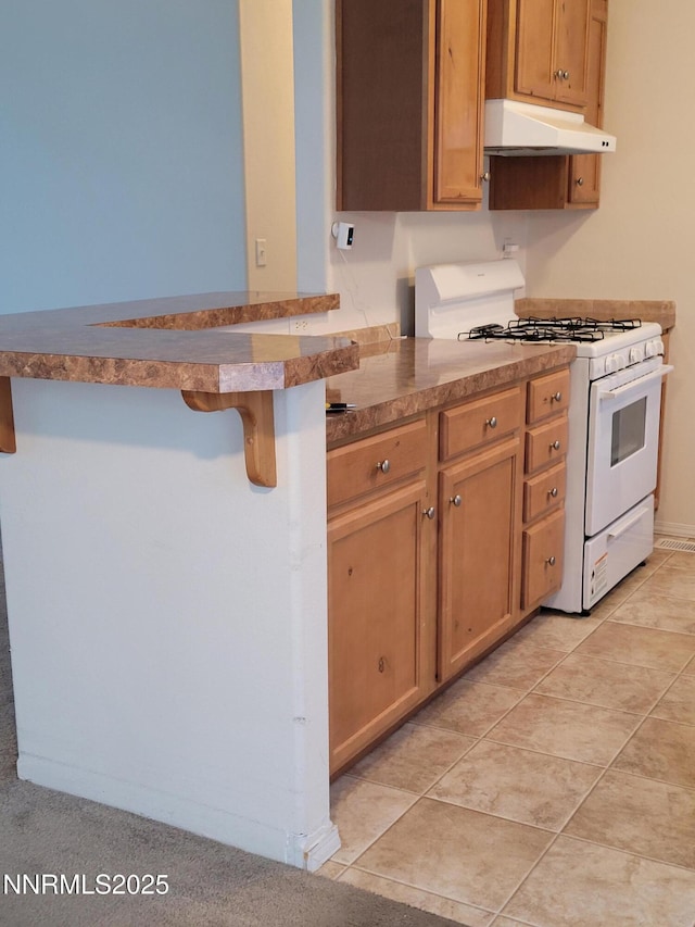 3340 Moon Ln, Winnemucca, NV 89445 - kitchen with white gas range, under cabinet range hood, a breakfast bar, and light tile patterned floors