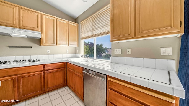 7302 Little Easy St, Sparks, NV 89436 - kitchen featuring dishwasher, lofted ceiling, under cabinet range hood, white gas cooktop, and light tile patterned flooring