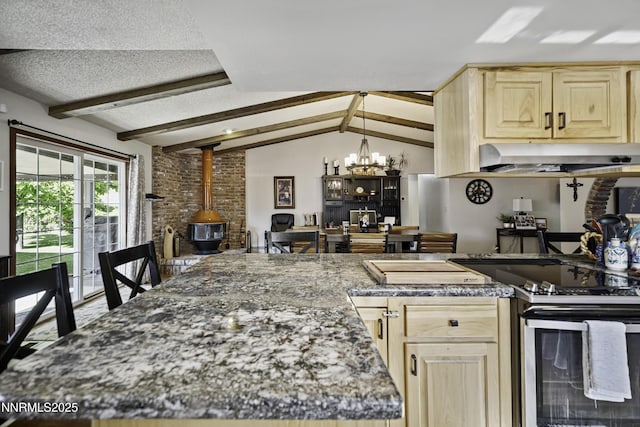 202 Summit Ave, Winnemucca, NV 89445 - kitchen with light brown cabinetry, electric stove, a chandelier, a wood stove, and under cabinet range hood