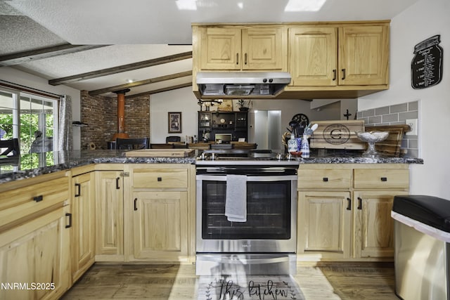 202 Summit Ave, Winnemucca, NV 89445 - kitchen with light brown cabinets, stainless steel range with electric cooktop, under cabinet range hood, dark countertops, and lofted ceiling
