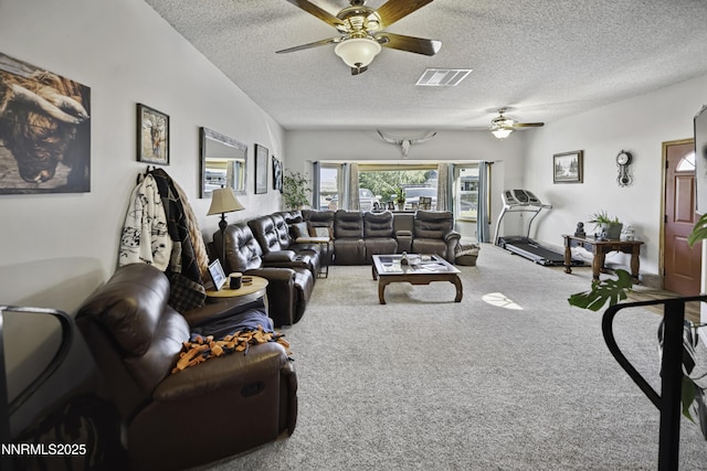 202 Summit Ave, Winnemucca, NV 89445 - carpeted living room featuring ceiling fan and a textured ceiling