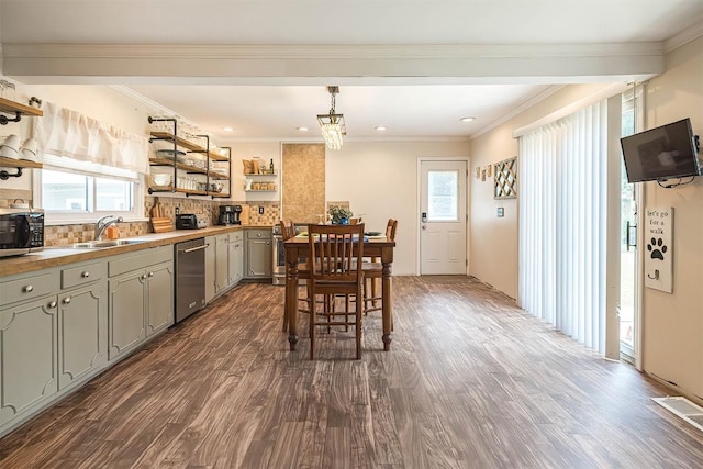 9 E Division St, North East, PA 16428 - kitchen with open shelves, stainless steel appliances, gray cabinetry, dark wood-type flooring, and decorative backsplash