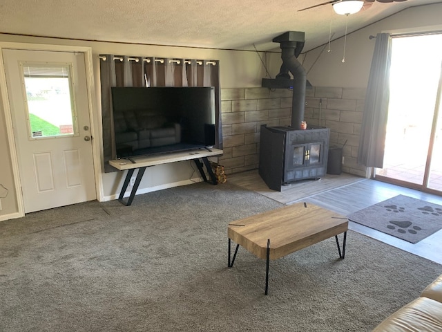 6028 Davidson Rd, Jamestown, PA 16134 - carpeted living area with plenty of natural light, a textured ceiling, a wood stove, and ceiling fan