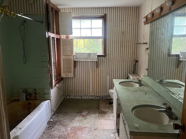 bathroom with vanity, a bath, and toilet