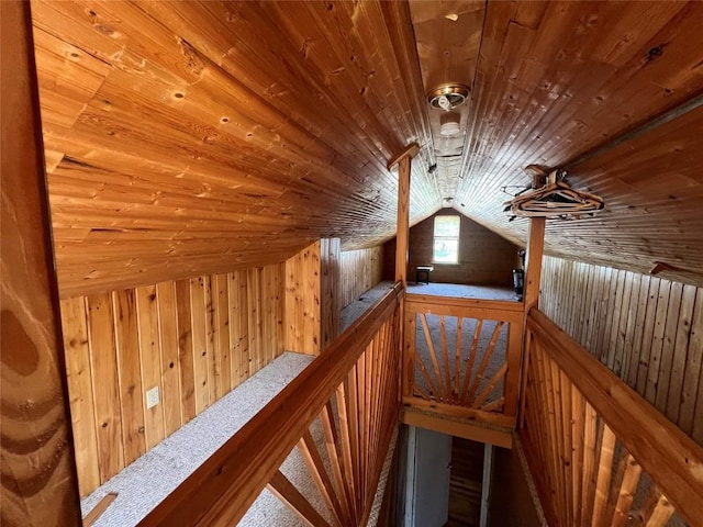 113 E 29th St, Erie, PA 16504 - hall featuring wood ceiling, wood walls, an upstairs landing, and lofted ceiling