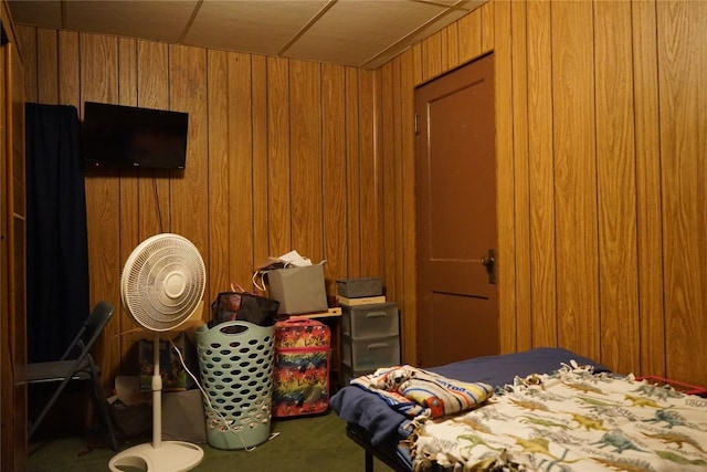 bedroom with wooden walls