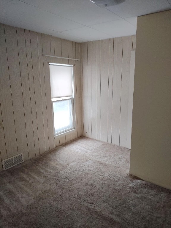 empty room with carpet floors and wooden walls