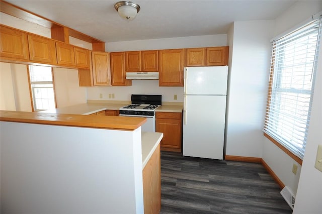 kitchen with white appliances, plenty of natural light, dark hardwood / wood-style floors, and kitchen peninsula