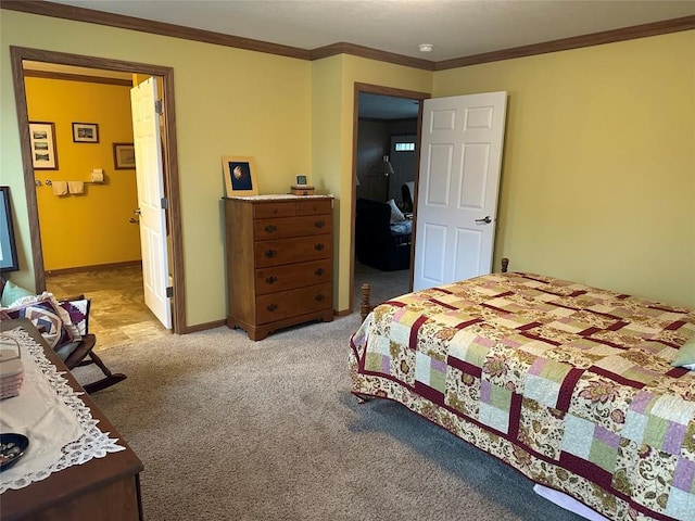 bedroom with light colored carpet and ornamental molding