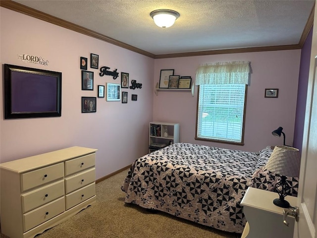 carpeted bedroom with a textured ceiling and crown molding