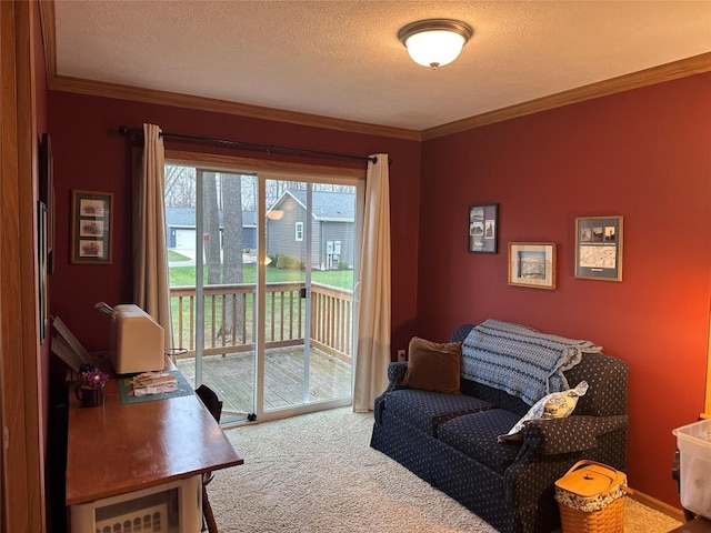 living area featuring a textured ceiling, carpet floors, and ornamental molding