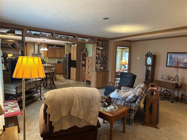 carpeted living room with built in features