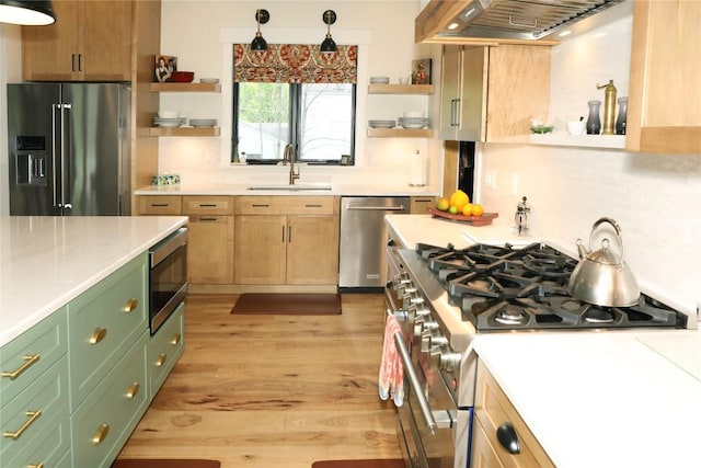 12075 Oakmont Dr, Conneaut Lake, PA 16316 - kitchen with appliances with stainless steel finishes, open shelves, light countertops, and ventilation hood