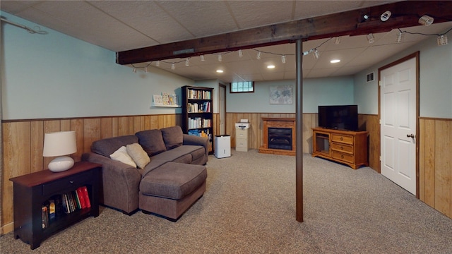 969 Lewis Way, Girard, PA 16417 - living room featuring a wainscoted wall, wooden walls, carpet floors, and a fireplace