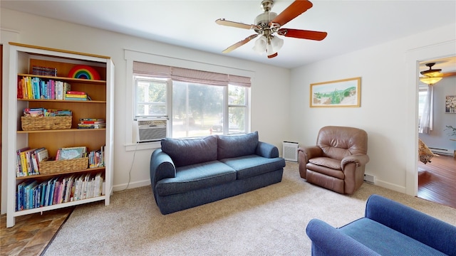 969 Lewis Way, Girard, PA 16417 - living room with a ceiling fan, a baseboard heating unit, carpet floors, and cooling unit