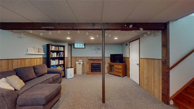 969 Lewis Way, Girard, PA 16417 - carpeted living room featuring a wainscoted wall and wooden walls