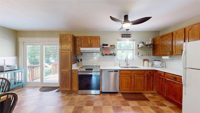 969 Lewis Way, Girard, PA 16417 - kitchen with appliances with stainless steel finishes, open shelves, under cabinet range hood, a ceiling fan, and light countertops