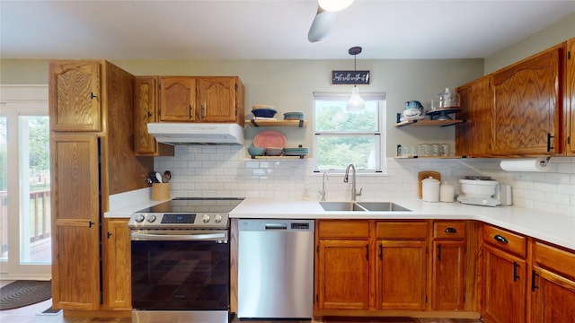 969 Lewis Way, Girard, PA 16417 - kitchen featuring appliances with stainless steel finishes, under cabinet range hood, open shelves, and light countertops