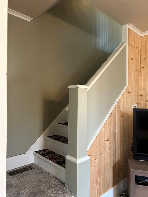 stairs with carpet flooring and wooden walls