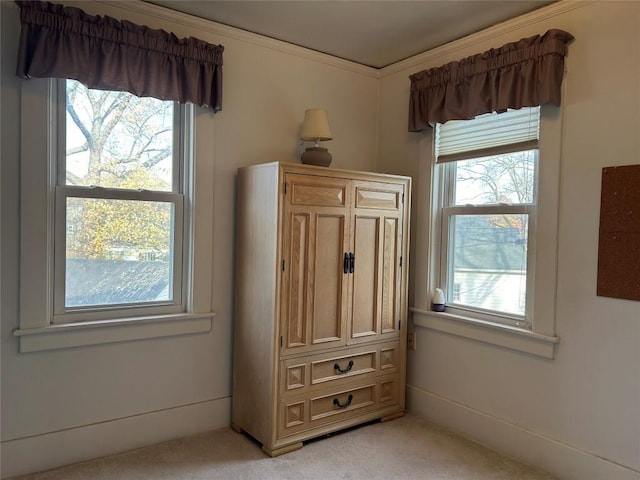 bedroom featuring crown molding, light carpet, and multiple windows