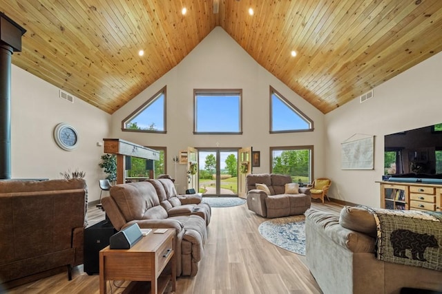 living room with high vaulted ceiling, light hardwood / wood-style flooring, and wood ceiling