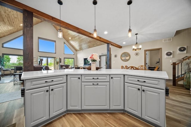 kitchen with an inviting chandelier, light hardwood / wood-style flooring, lofted ceiling with beams, pendant lighting, and a kitchen island