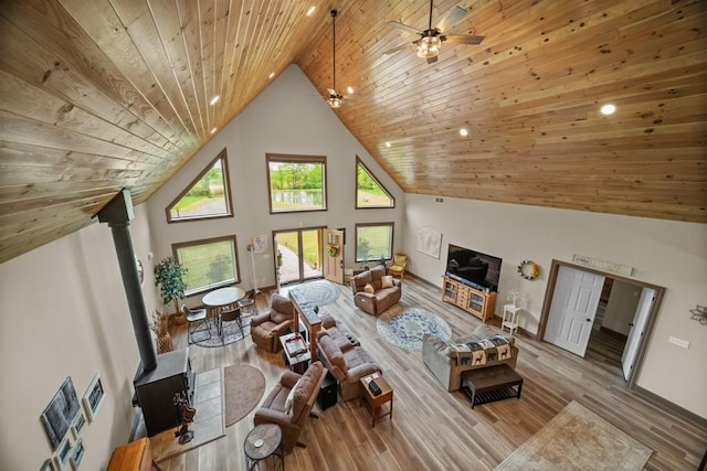 living room featuring ceiling fan, light wood-type flooring, wood ceiling, and high vaulted ceiling