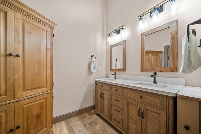 bathroom with vanity and wood-type flooring