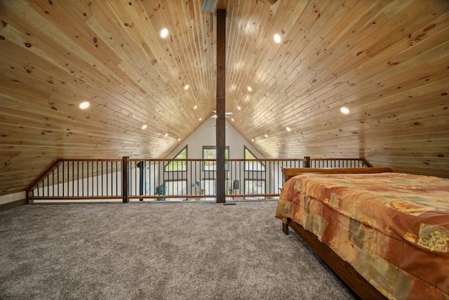 bedroom featuring lofted ceiling with beams, carpet floors, and wooden ceiling