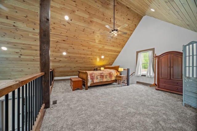 bedroom featuring light carpet, high vaulted ceiling, and wooden ceiling