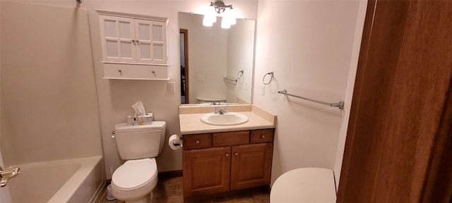 full bathroom featuring vanity, shower / bath combination, and toilet