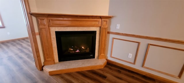 details featuring hardwood / wood-style floors and a premium fireplace