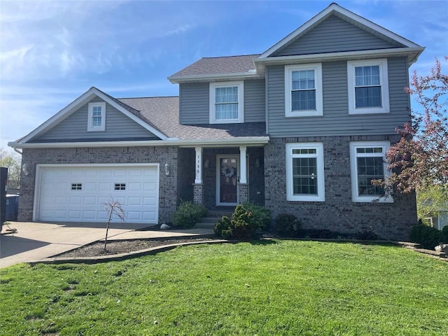 view of front of house featuring driveway, brick siding, a front yard, and an attached garage