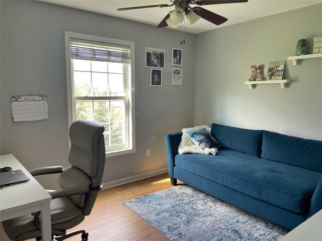 office featuring a ceiling fan, wood finished floors, and baseboards
