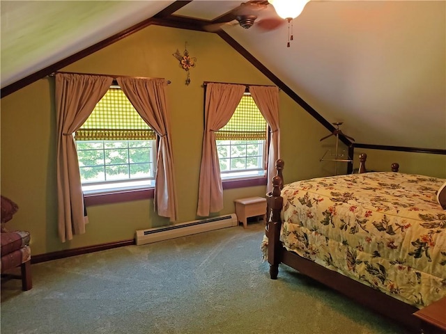 carpeted bedroom with ceiling fan, lofted ceiling, multiple windows, and a baseboard heating unit