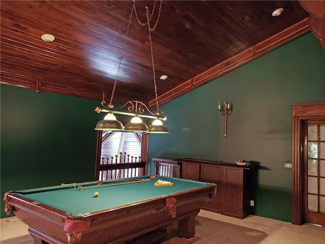 game room with wood ceiling, lofted ceiling, crown molding, and pool table