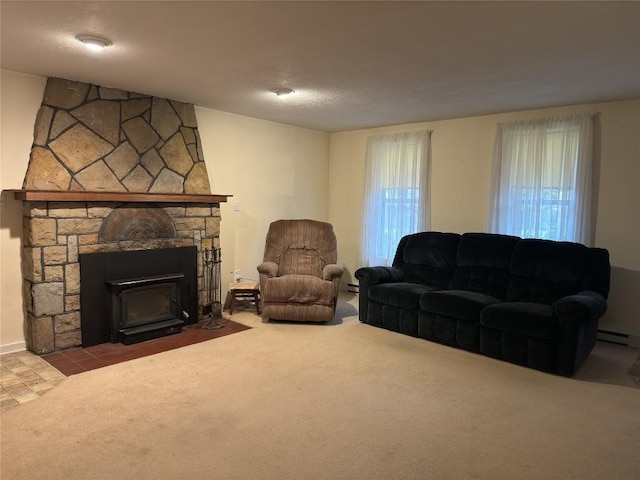 carpeted living room with a baseboard radiator