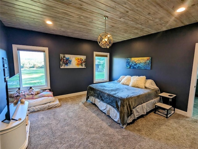 bedroom with carpet flooring and wooden ceiling