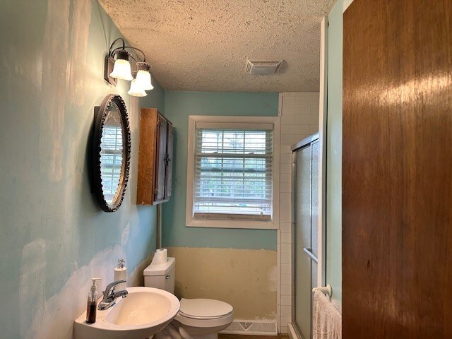 bathroom featuring visible vents, toilet, a textured ceiling, a sink, and a stall shower