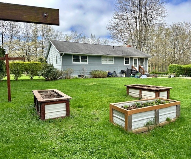 back of property with a lawn and a chimney