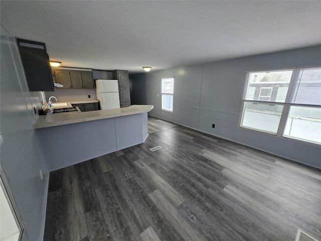 kitchen featuring sink, kitchen peninsula, white fridge, and a healthy amount of sunlight