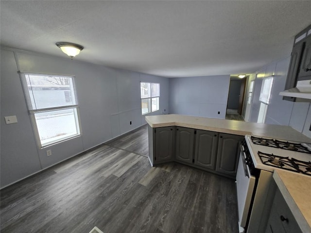 kitchen with dark hardwood / wood-style flooring, gray cabinetry, white range with gas stovetop, and wall chimney exhaust hood